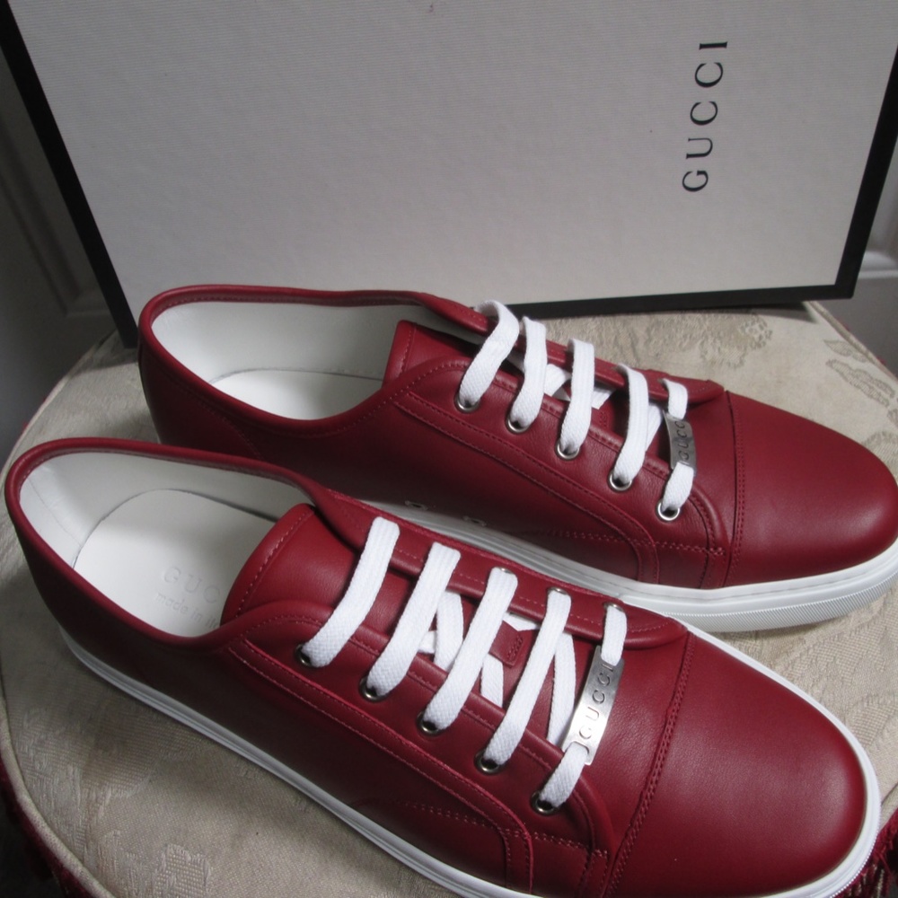 new GUCCI Trainer leather burgundy low cut shoes Sz US 12 - Picture 12 of 16